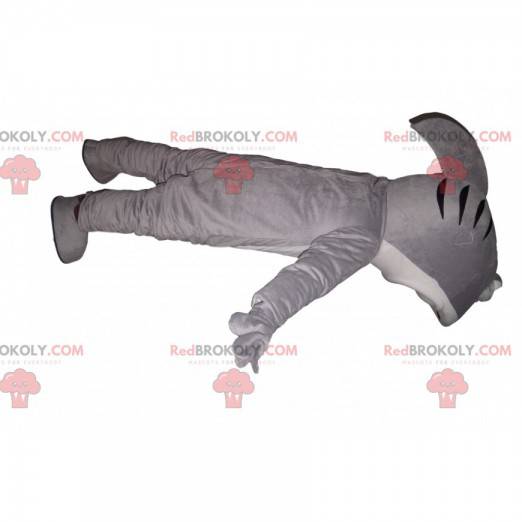Mascotte de requin gris et blanc avec une grande machoire -
