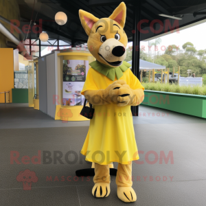 Lemon Yellow Dingo mascot costume character dressed with a Pleated Skirt and Mittens