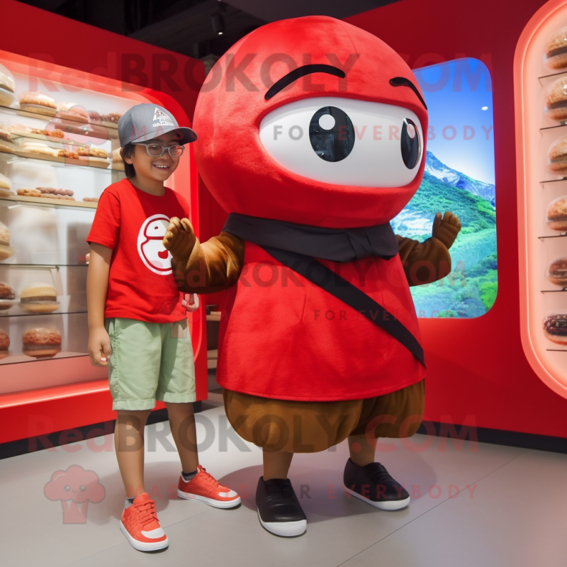 Red Sushi mascot costume character dressed with a Cargo Shorts and Watches