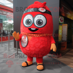 Red Sushi mascot costume character dressed with a Cargo Shorts and Watches