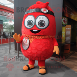 Red Sushi mascot costume character dressed with a Cargo Shorts and Watches