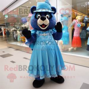 Blue Spectacled Bear mascot costume character dressed with a Ball Gown and Caps