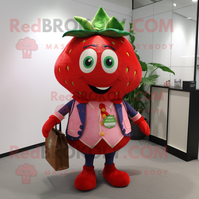 nan Strawberry mascot costume character dressed with a Vest and Messenger bags nan Strawberry mascot costume character dressed with a Vest and Messenger bags