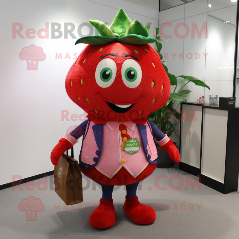 nan Strawberry mascot costume character dressed with a Vest and Messenger bags