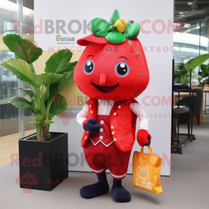 nan Strawberry mascot costume character dressed with a Vest and Messenger bags