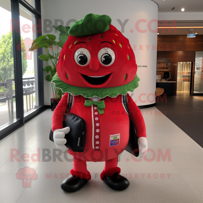 nan Strawberry mascot costume character dressed with a Vest and Messenger bags nan Strawberry mascot costume character dressed with a Vest and Messenger bags