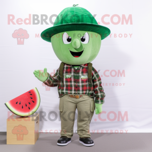 Green Watermelon mascot costume character dressed with a Flannel Shirt and Berets