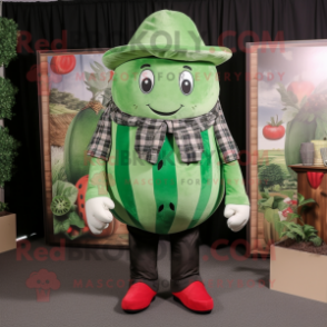 Green Watermelon mascot costume character dressed with a Flannel Shirt and Berets