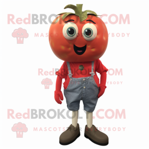 Red Tomato mascot costume character dressed with a Denim Shorts and Earrings