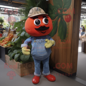 Red Tomato mascot costume character dressed with a Denim Shorts and Earrings