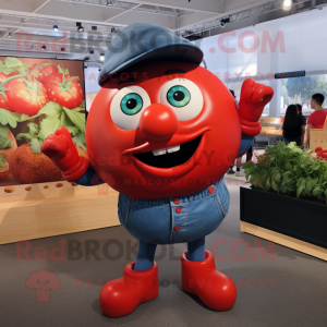 Red Tomato mascot costume character dressed with a Denim Shorts and Earrings