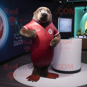 Maroon Sea Lion mascot costume character dressed with a Rugby Shirt and Smartwatches