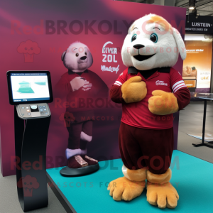 Maroon Sea Lion mascot costume character dressed with a Rugby Shirt and Smartwatches