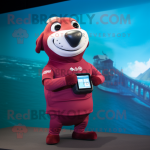Maroon Sea Lion mascot costume character dressed with a Rugby Shirt and Smartwatches