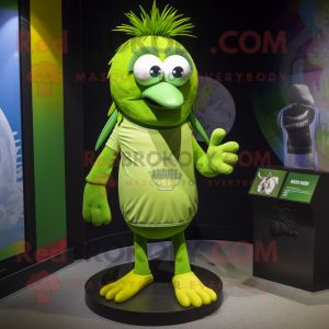 Lime Green Kiwi mascot costume character dressed with a Long Sleeve Tee and Bracelets