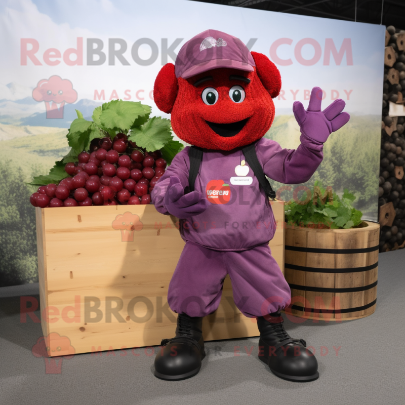 Red Grape mascot costume character dressed with a Cargo Pants and Gloves Red Grape mascot costume character dressed with a Cargo Pants and Gloves