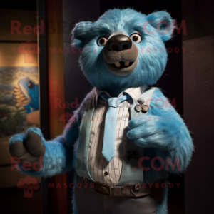 Sky Blue Sloth Bear mascot costume character dressed with a Henley Tee and Tie pins