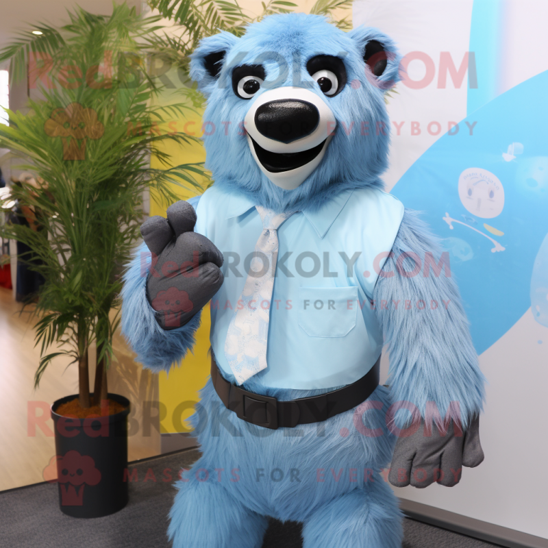 Sky Blue Sloth Bear mascot costume character dressed with a Henley Tee and Tie pins Sky Blue Sloth Bear mascot costume character dressed with a Henley Tee and Tie pins
