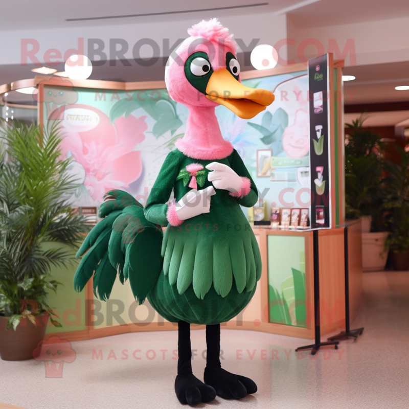 Forest Green Flamingo mascot costume character dressed with a Pencil Skirt and Mittens