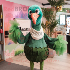 Forest Green Flamingo mascot costume character dressed with a Pencil Skirt and Mittens