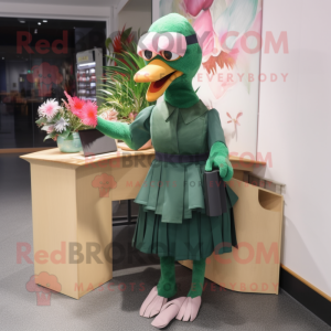 Forest Green Flamingo mascot costume character dressed with a Pencil Skirt and Mittens