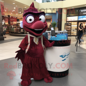 Maroon Barracuda mascot costume character dressed with a Evening Gown and Tote bags