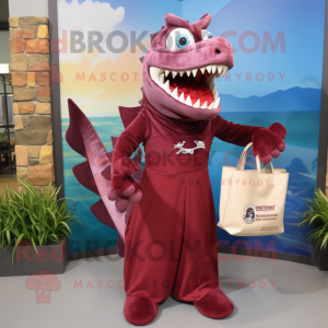 Maroon Barracuda mascot costume character dressed with a Evening Gown and Tote bags