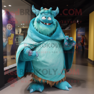 Turquoise Ogre mascot costume character dressed with a Raincoat and Shawls