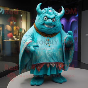 Turquoise Ogre mascot costume character dressed with a Raincoat and Shawls