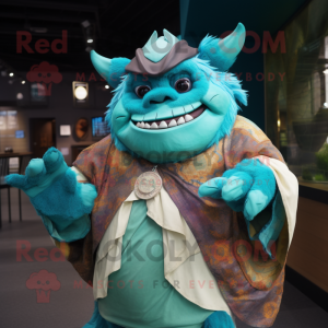 Turquoise Ogre mascot costume character dressed with a Raincoat and Shawls