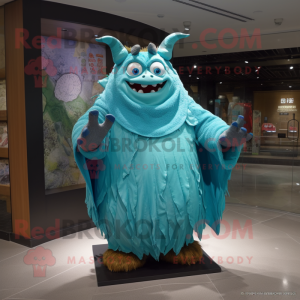 Turquoise Ogre mascot costume character dressed with a Raincoat and Shawls