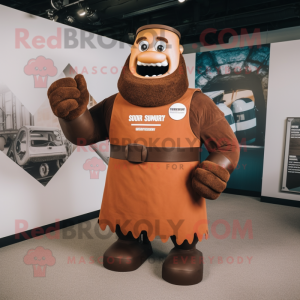 Rust Strongman mascot costume character dressed with a A-Line Dress and Mittens