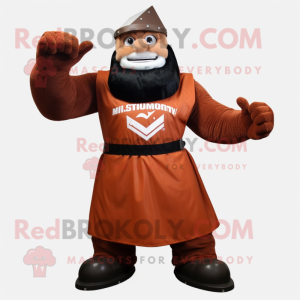 Rust Strongman mascot costume character dressed with a A-Line Dress and Mittens