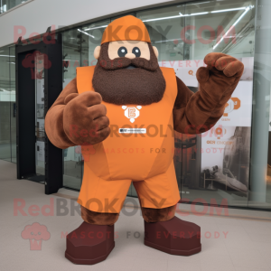 Rust Strongman mascot costume character dressed with a A-Line Dress and Mittens