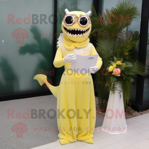 Lemon Yellow Shark mascot costume character dressed with a Wedding Dress and Reading glasses