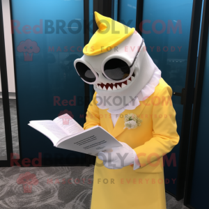 Lemon Yellow Shark mascot costume character dressed with a Wedding Dress and Reading glasses