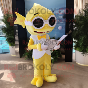 Lemon Yellow Shark mascot costume character dressed with a Wedding Dress and Reading glasses