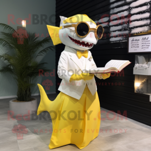 Lemon Yellow Shark mascot costume character dressed with a Wedding Dress and Reading glasses