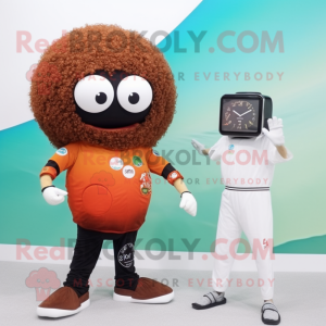 Rust Falafel mascot costume character dressed with a One-Piece Swimsuit and Digital watches