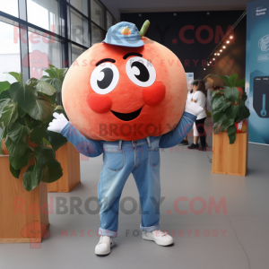 Peach Meatballs mascot costume character dressed with a Denim Shirt and Anklets