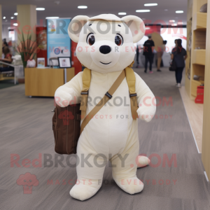 Beige Ermine mascot costume character dressed with a Overalls and Briefcases