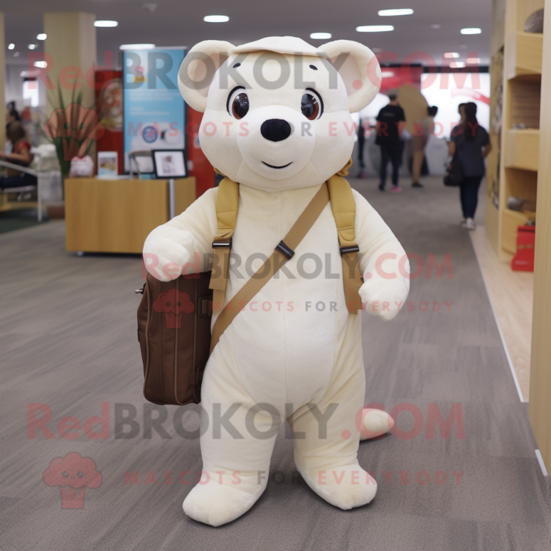 Beige Ermine mascot costume character dressed with a Overalls and Briefcases Beige Ermine mascot costume character dressed with a Overalls and Briefcases
