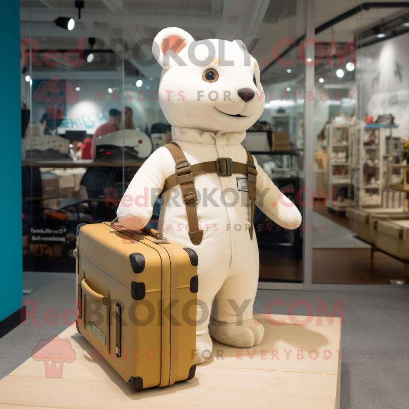 Beige Ermine mascot costume character dressed with a Overalls and Briefcases Beige Ermine mascot costume character dressed with a Overalls and Briefcases