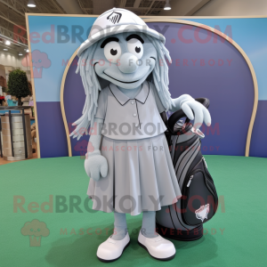 Gray Golf Bag mascot costume character dressed with a Pleated Skirt and Lapel pins