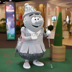 Gray Golf Bag mascot costume character dressed with a Pleated Skirt and Lapel pins