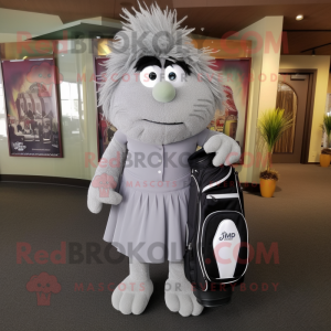 Gray Golf Bag mascot costume character dressed with a Pleated Skirt and Lapel pins