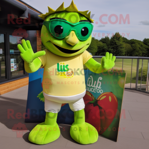 Lime Green Tikka Masala mascot costume character dressed with a Rugby Shirt and Sunglasses