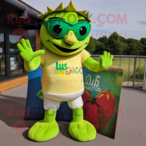 Lime Green Tikka Masala mascot costume character dressed with a Rugby Shirt and Sunglasses