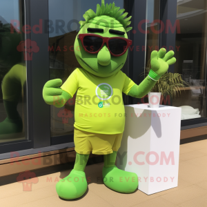 Lime Green Tikka Masala mascot costume character dressed with a Rugby Shirt and Sunglasses