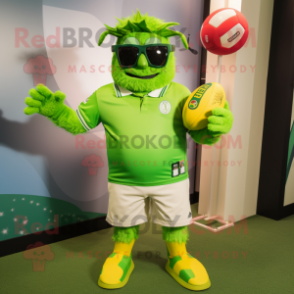 Lime Green Tikka Masala mascot costume character dressed with a Rugby Shirt and Sunglasses